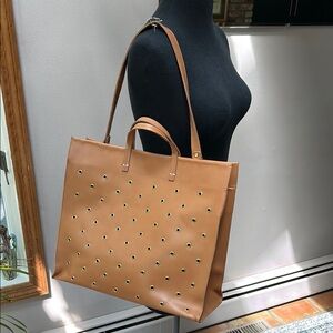 Clare V. Camel Brown Leather Tote with Matt Gold Grommets Design